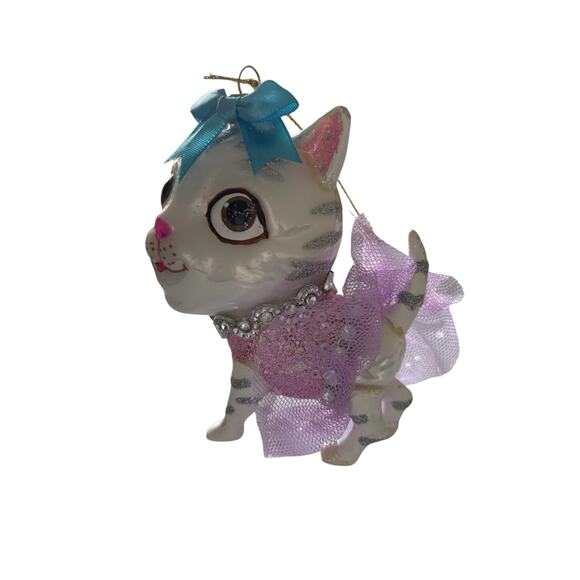 Robert Stanley Kitty Cat Glass Xmas Ornament Tutu Purple Pink Gray White Tabby - Picture 2 of 10